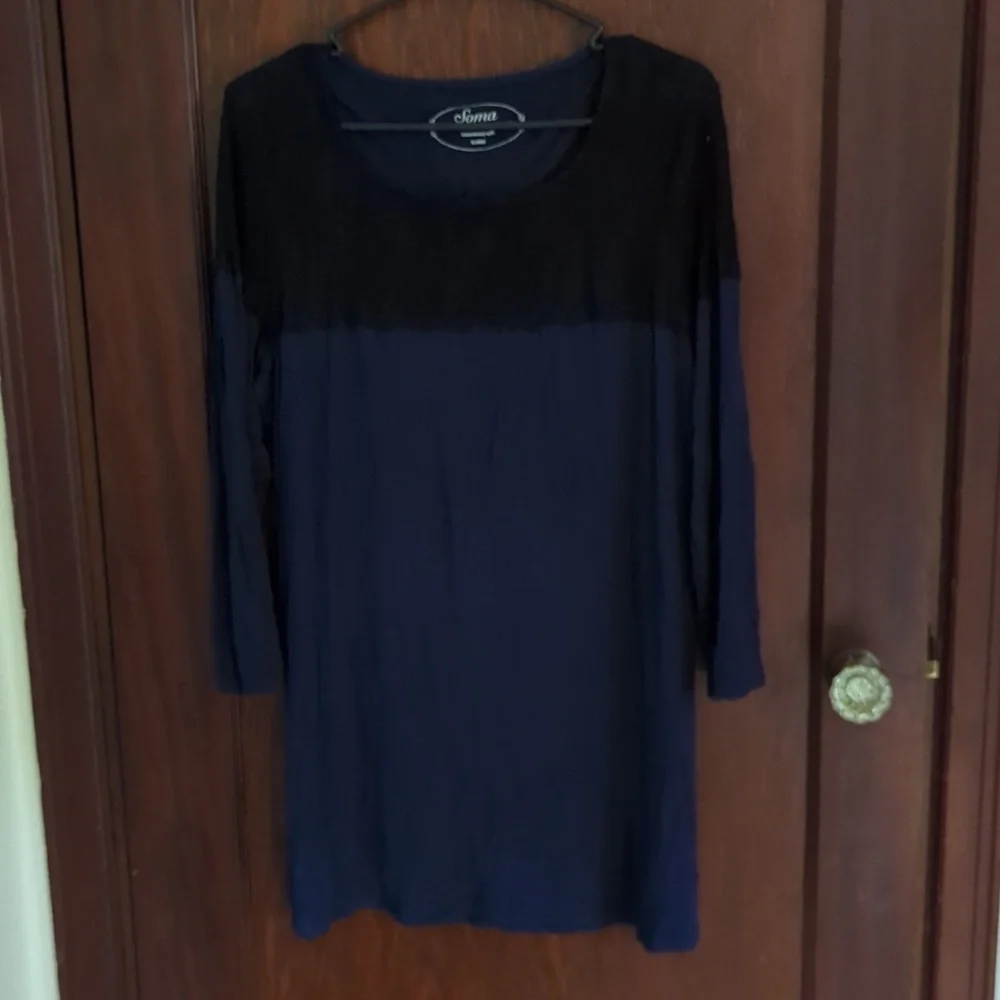 Soma Live Loungwear Luxuriously Soft Blue Black Lace 3/4 Sleeve Blouse Size XL